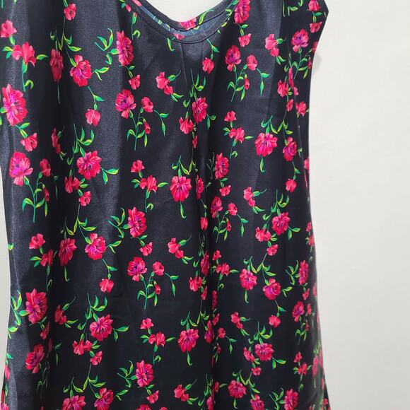 Womens Sz S Black Satin Magenta Floral Slip Dress Mini Dress Strappy Lingerie - Picture 4 of 4